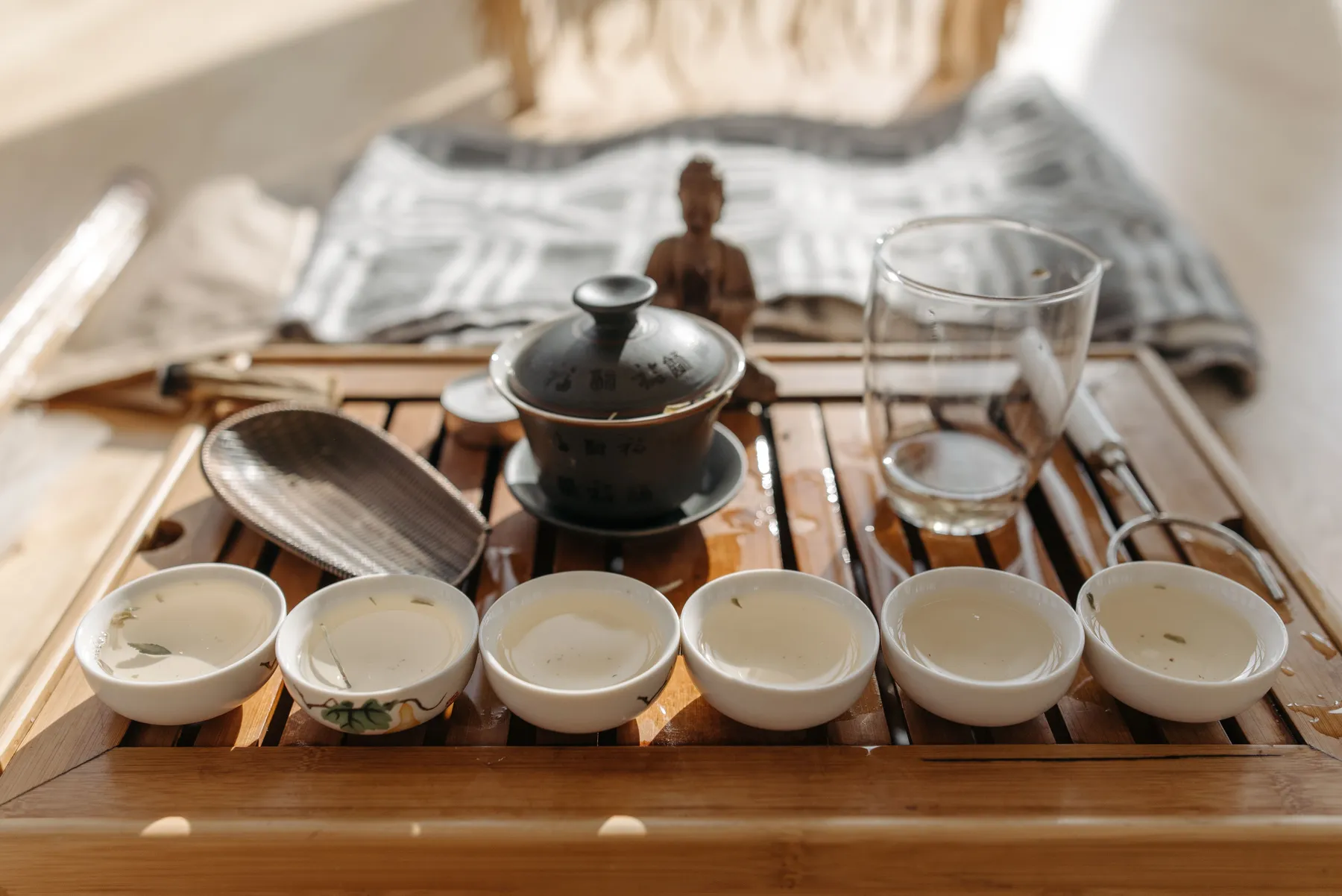 Chinese tea set on a wooden tray