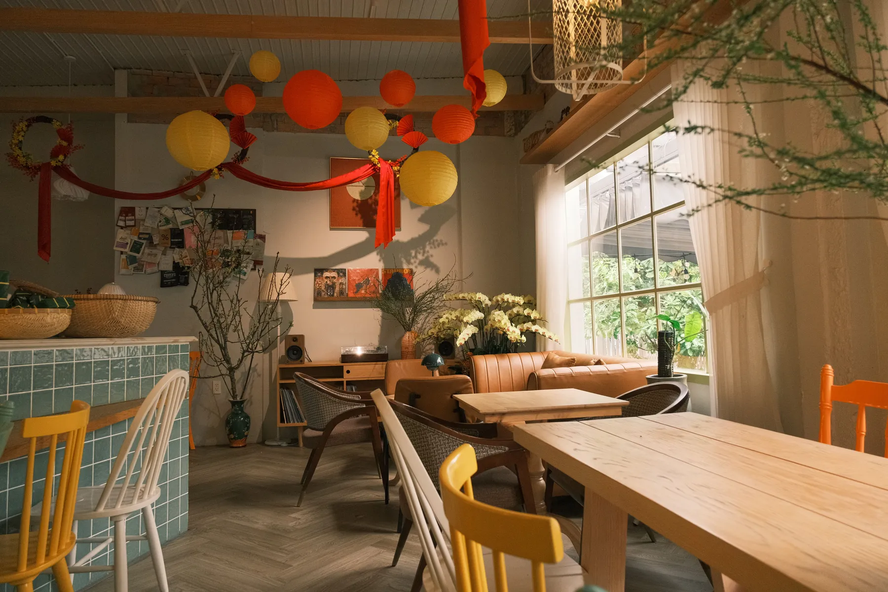 Bright room with paper lanterns
